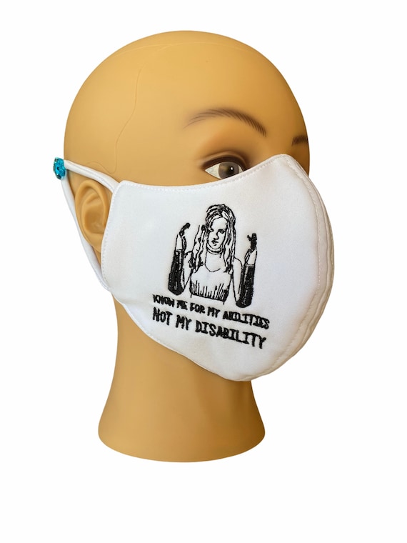 Embroidered Face Mask with Filter Pocket, Inspirational Slogan of Amputees, Hand Prosthesis Embroidery, Reversible White Color, Adult Size
