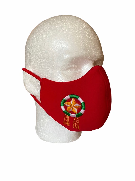 Christmas Lantern Embroidered Philippine Face Mask, Adult Size Soft Fabric with Filter Pocket, Parol Emblem, Holiday Face Cover