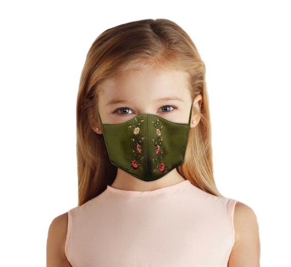 Kids Embroidered Face Mask With Filter Pocket, Reversible, Summer Travel Accessory, Back To School Floral Outfit for Girls Ages 4-10,