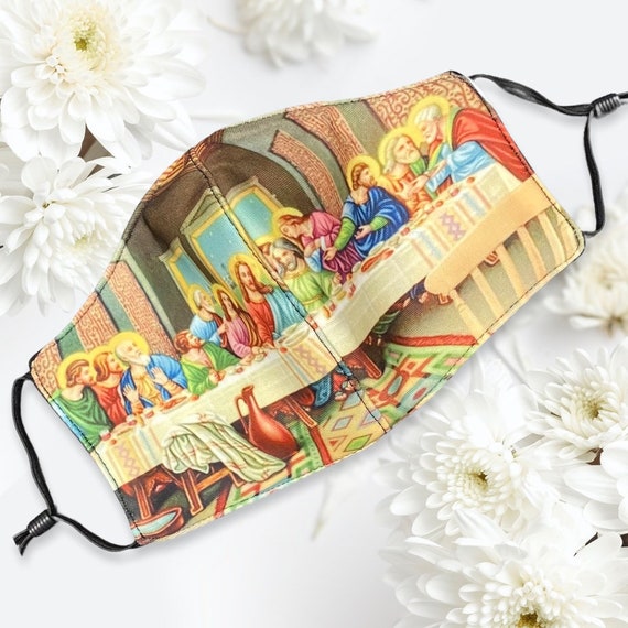 Last Supper Face Mask for Adults, Reversible Black Color, Religious Christian or Catholic for Church, Washable, Adjustable, Holy Week Attire
