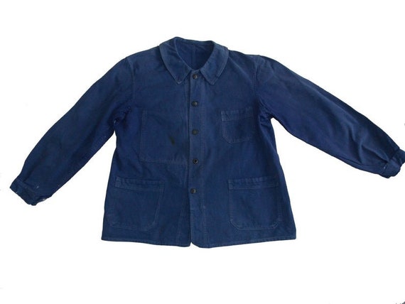 Blue french vintage worker work jacket 60 French d