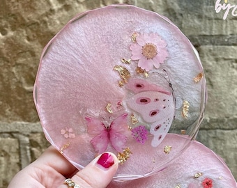 Pink & gold dried flower coaster with butterfly stickers