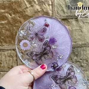 Purple and silver foil coaster with dried flowers & butterfly stickers