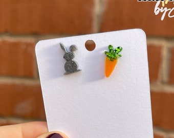 Cute Easter bunny and carrot stud or clip-on earrings