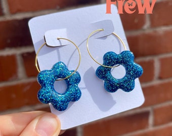 Blue glitter flower shape hoop drop earrings
