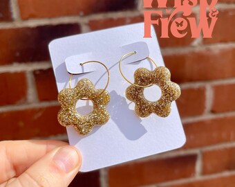 Gold glitter flower shape hoop drop earrings