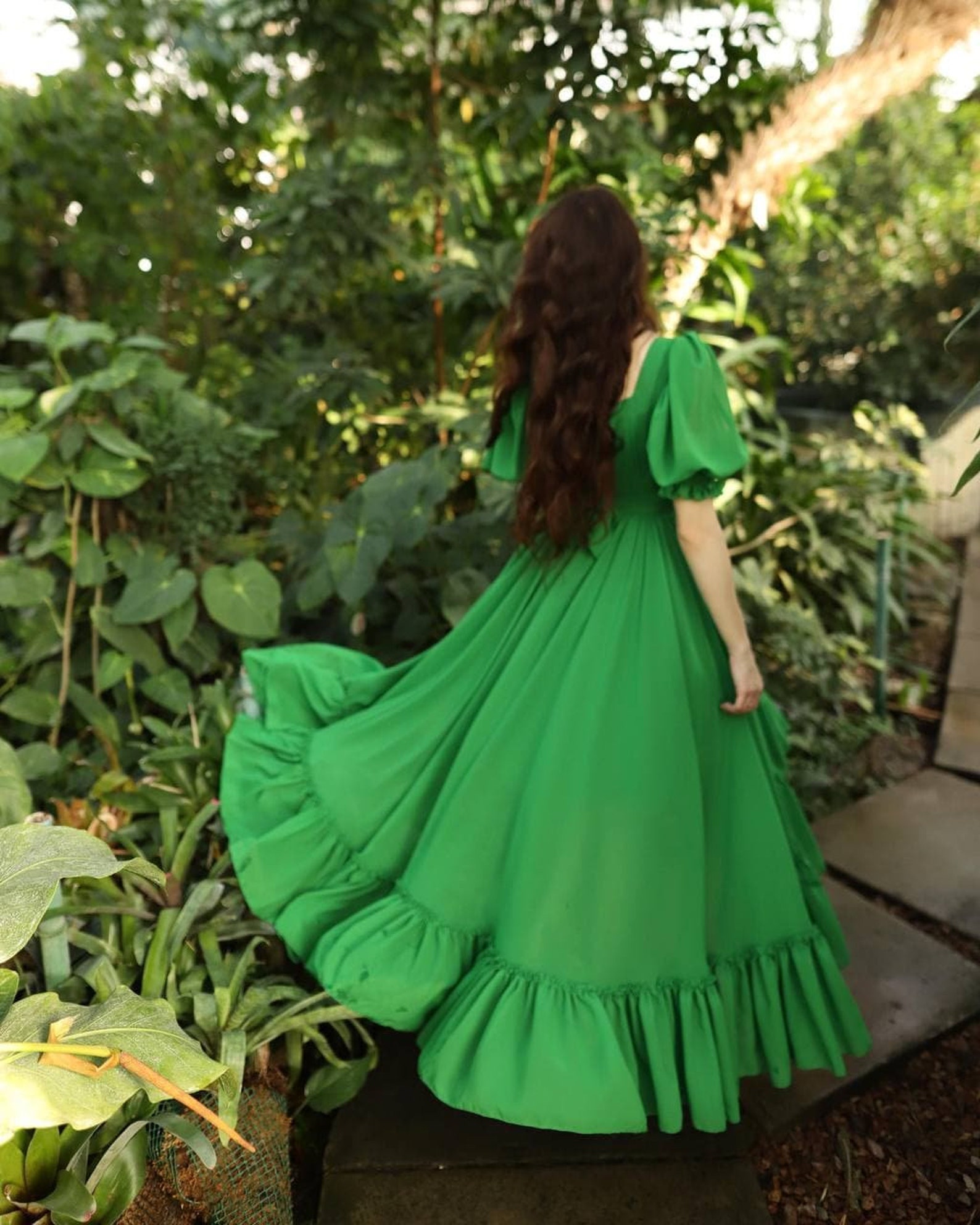 Cottagecore Green Maxi Dress Women Plus Size Chiffon White Etsy