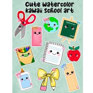 Cute school kawaii watercolor hand drawn stickers,kawaii stickers,cute stickers,school supplies stickers,cute kawaii stickers,school teacher
