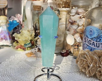 Baja Blast Fluorite Crystal Wand with Stand, Polished Green Fluorite Tower Point, Chakra Stone, Witchcraft Crystals, Mermaidcore