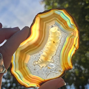 May include: A slice of agate displaying a rainbow of colours, including yellow, orange, and blue. The agate is translucent and has a natural, organic shape.