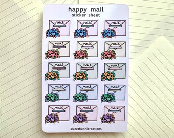 Happy Mail Sticker Sheet ~ Penpal ~ Flowers ~ Post ~ Cute ~ Kawaii Stationary ~ Handmade Stationary ~ Journalling