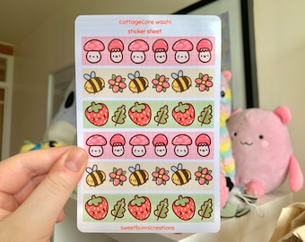 Cottagecore Washi Sticker Sheet ~ Bees ~ Strawberries ~ Mushrooms ~ Cute ~ Kawaii Stationary ~ Handmade Stationary ~ Journalling