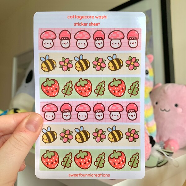 Hoja de pegatinas Cottagecore Washi ~ Cinta ~ Abejas ~ Fresas ~ Hongos ~ Lindo ~ Estacionario Kawaii ~ Estacionario hecho a mano ~ Diario-ling