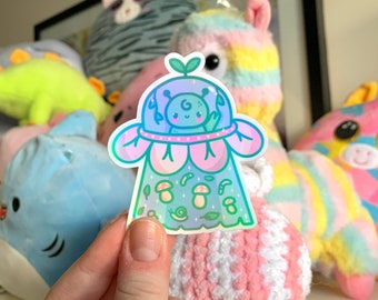 Jelly the Alien Holographic Vinyl Sticker ~ Aliens ~ Nature ~ Mushrooms ~ Space ~ Cute Stickers ~ Waterproof Stickers ~