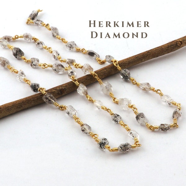 Herkimer Diamond Raw Nugget Rosary Chain, Fancy Shape Cut Rough Beads Link Chain, Gold Plated Wire Wrapped DIY Diamond Rosary Chain. (2134)