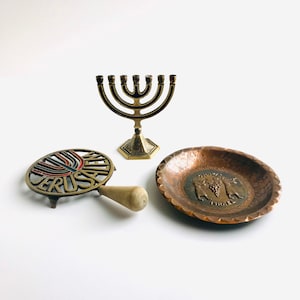 Original Menorah 7 Branch Candle + Holder from Israel + Coaster + Wall Plate Jewish Jerusalem Gifts for a Home Rosh Hashanah Brass