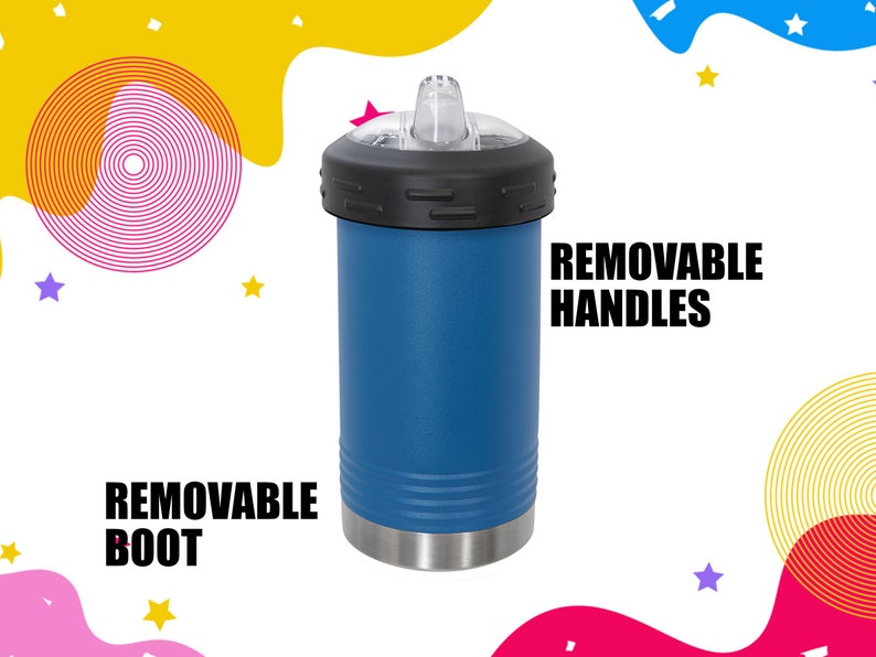 Może przedstawiać: Niebieski kubek ze stali nierdzewnej z czarną pokrywką i zdejmowanymi uchwytami. Kubek ma zdejmowaną podstawę, a na obrazku widnieje tekst "REMOVABLE BOOT" i "REMOVABLE HANDLES".