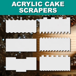 May include: Six acrylic cake scrapers with different edge designs. The scrapers are white and are arranged in two rows of three. The scrapers are on a background of brown and silver glitter.