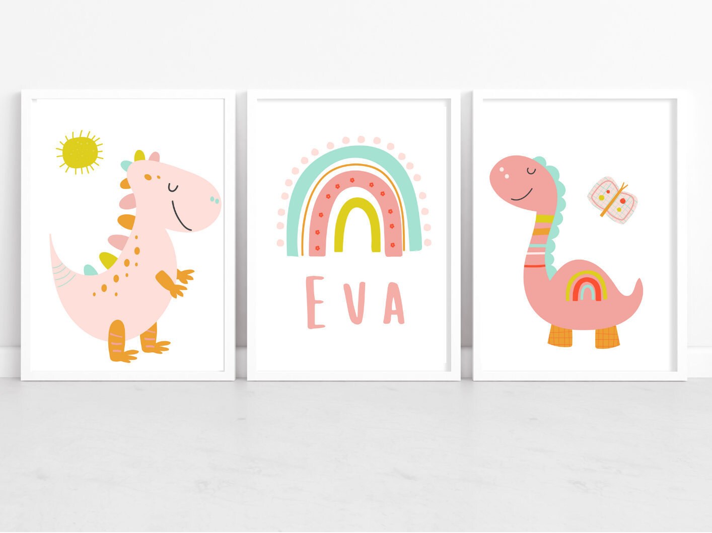 Set of 3 Pink Dinosaur Nursery Prints Girls Nursery Wall Art Etsy