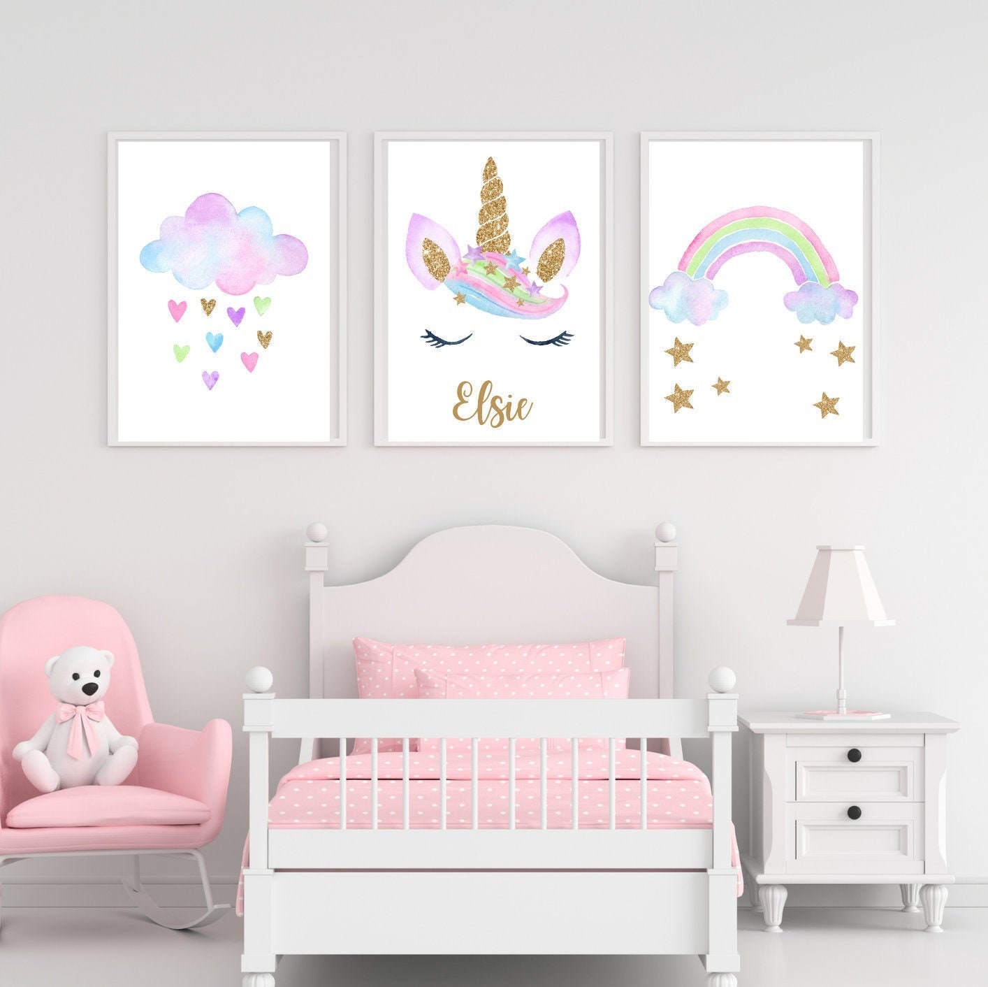 Unicorn nursery print, set of 3 unicorn personalised nursery prints, …
