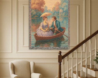 Woven Tapestry Throw Blanket: French Rococo Couple, Vintage Wall Art