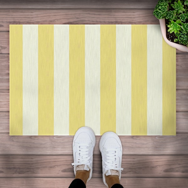 Striped Doormat,Layered Welcome Mat,Cabana Striped Yellow and White Front Door Mat,Large Deck Rug,Indoor Outdoor Area Rug, Spring Door Mat