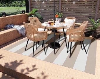 Striped Outdoor Rug: Large Cabana Sand & White Deck Mat