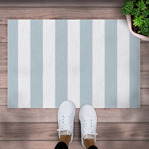 May include: A rectangular rug with vertical stripes in light blue and white. The rug is placed on a wooden floor, with a pair of white sneakers visible at the bottom. A potted succulent plant is in the upper right corner.