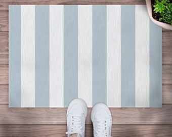 Cabana Striped Doormat: Light Blue and White Polyester Chenille Rug