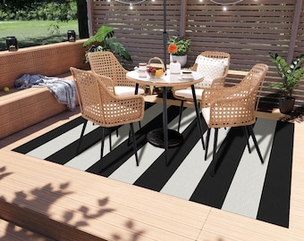 Striped Outdoor Rug: Black and White Cabana Patio Deck Rug