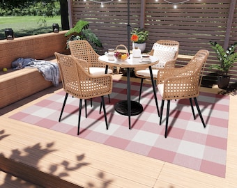 Large Pink Buffalo Check Outdoor Rug: Waterproof Patio Deck Mat