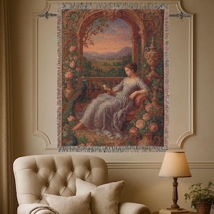 Woven Tapestry Blanket: Renaissance Woman in Garden, Peacock Decor