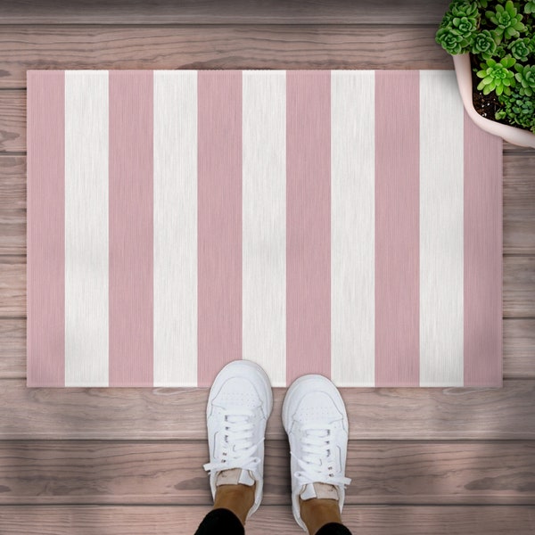 Striped Doormat,Layered Welcome Mat,Cabana Striped Pink and White Front Door Mat,Large Deck Rug,Indoor Outdoor Area Rug, Spring Door Mat