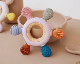 Baby Silicone Teether with Rudder Shape Wooden Ring