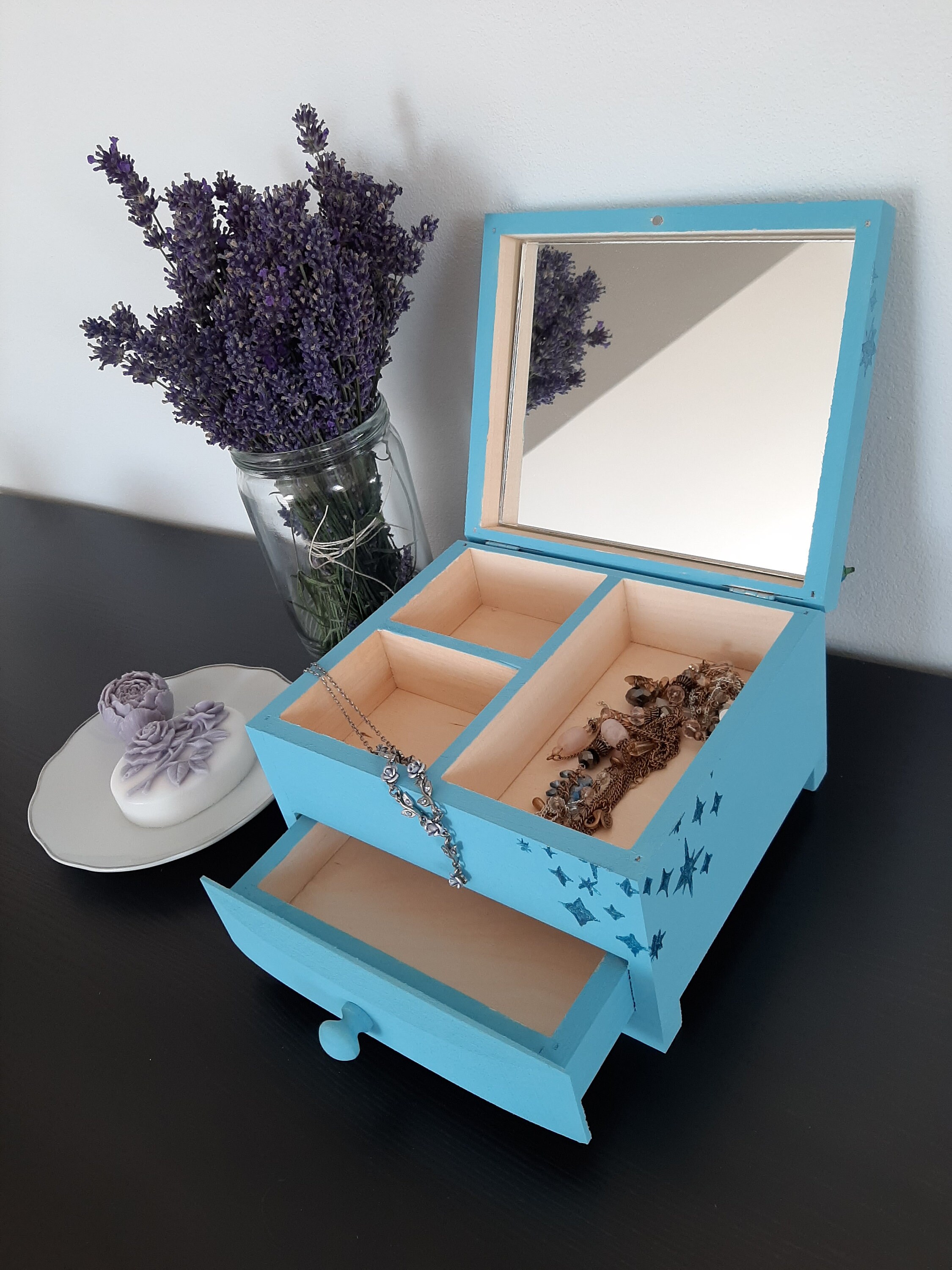 Caja de joyería / color azul / caja de madera / estilo vintage | Etsy