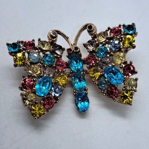 Vintage Gold tone butterfly pins glass stones 1-1… - image 1