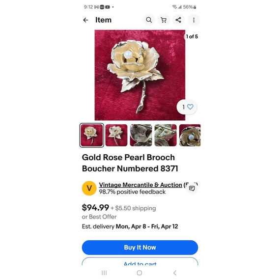 Boucher rosebud pearl CLIP ON earrings Gold Tone - image 6
