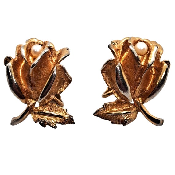 Boucher rosebud pearl CLIP ON earrings Gold Tone - image 1