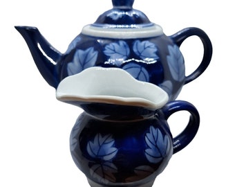 DesignPac Cobalt Blue Tea Pot Creamer Leaf Design Ceramic Porcelain