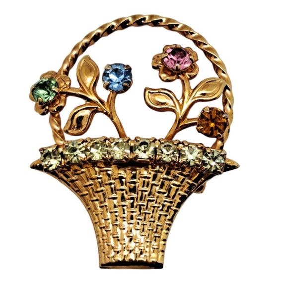 Gold tone vintage basket pin with uranium glass - image 1