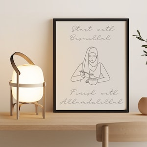 Afdrukbare kunst, islamitische keukenkunst, digitale prints, begin met Bismillah, eindig met Alhamdulilla, keukenregels, House Warming Gift, Line Art