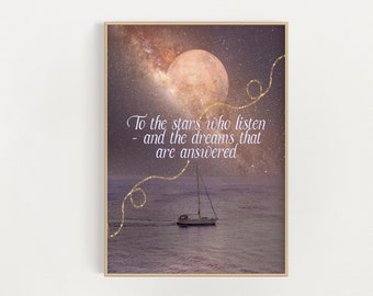 Arte de pared con cita de regalo de ACOMAF SJM Bookish, impresión de To The Stars Who Listen, serie ACOTAR, impresión de Night Court, arte lineal, impresión minimalista, pared de galería