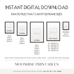 May include: A digital download graphic with the text "INSTANT DIGITAL DOWNLOAD" and "5 RATIO FILES THAT CAN FIT 20 FRAME SIZES." Includes frame size examples like 4x5, 3x4, 2x3, and ISO 'A' series, with measurements in inches and centimeters.