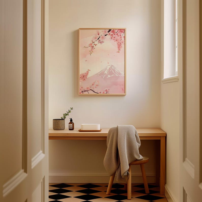 Cherry Blossom Mount Fuji Art Print - Japanese Sakura Wall Art - Pastel ...