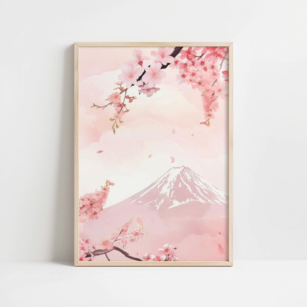 Cherry Blossom Mount Fuji Art Print - Japanese Sakura Wall Art - Pastel ...
