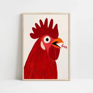 Bold Red Rooster Wall Art – Funny Farmhouse Decor for Kitchen or Home, Quirky Chicken Poster with Humor, Unique Animal Artwork