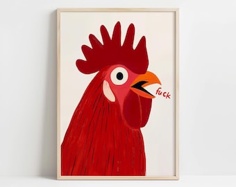 Vetgedrukte rode haan muurkunst – grappig boerderijdecor voor keuken of thuis, eigenzinnige kipposter met humor, uniek dierenkunstwerk