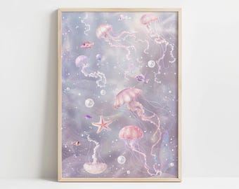 Ethereal Jellyfish Art Print | Underwater Dreamscape | Pastel Ocean Life Poster | Marine-Inspired Wall Decor | Mystical Sea Creatures