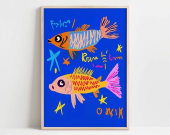 Colorful Fish Wall Art - Vibrant Ocean-Themed Poster - Playful Blue Sea Life Illustration for Kids Room Coastal Home Decor - Wall Art Decor