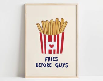 Fries Before Guys Wall Art - Funny Red and White French Fry Poster - Playful Food-Themed Artwork for Kitchen, Dining, or Fun Home Decor